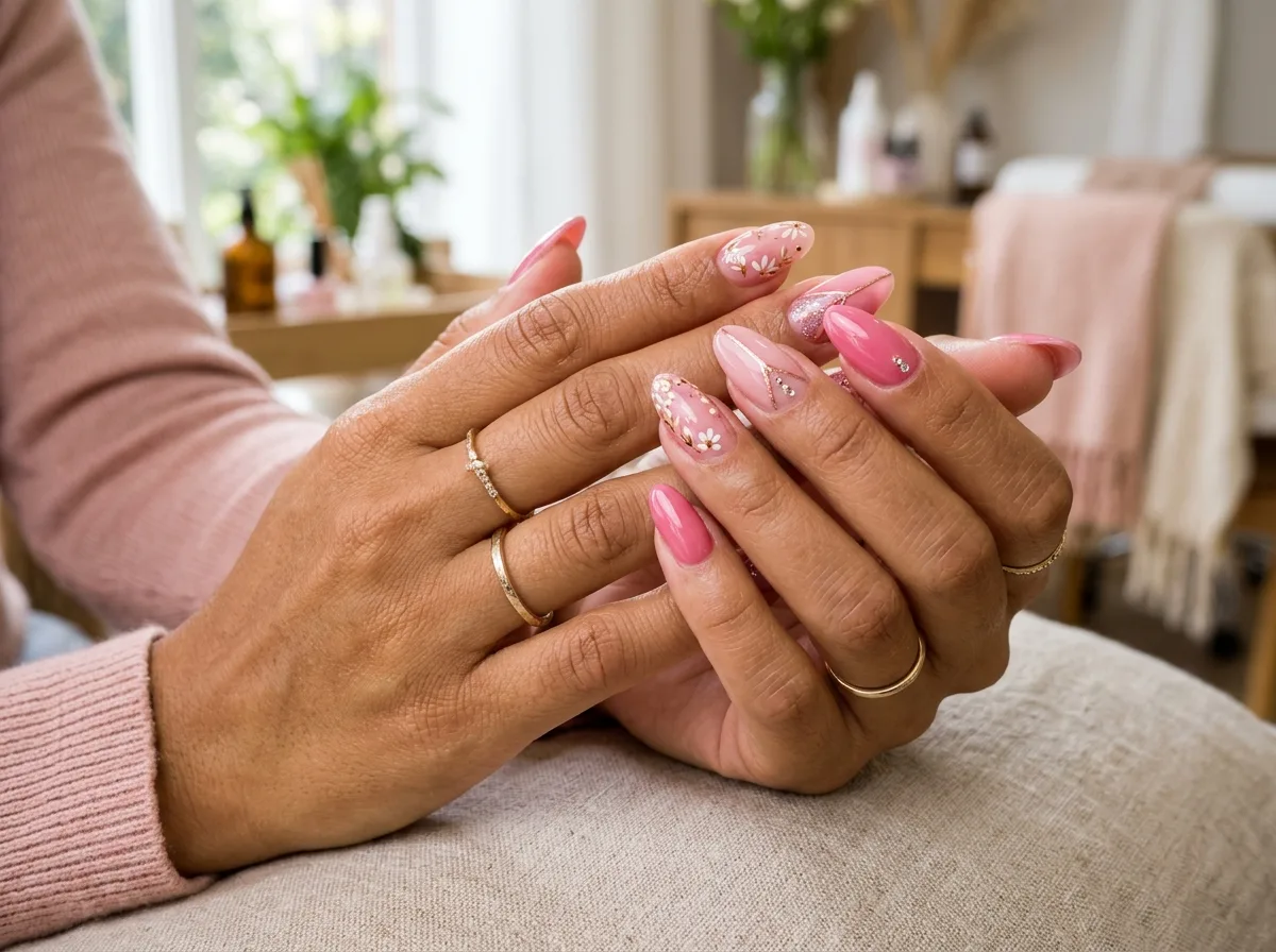Mãos com unhas decoradas em tons de rosa